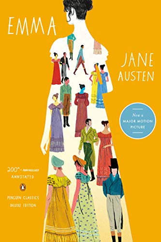 Cover of “Emma” by Jane Austen, featuring illustrated figures in Regency attire.