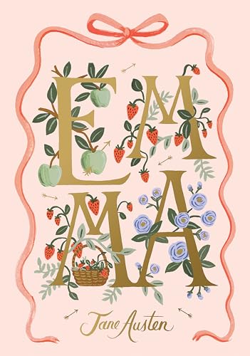 Book cover of Emma by Jane Austen featuring gold letters surrounded by floral illustrations.