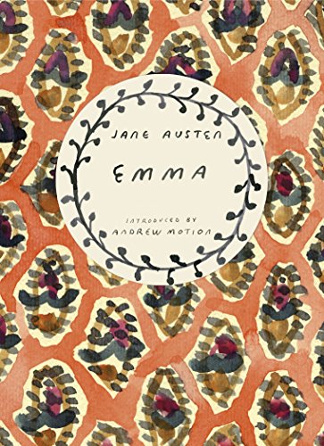 Book cover with floral pattern and title "Emma" by Jane Austen in central white circle.