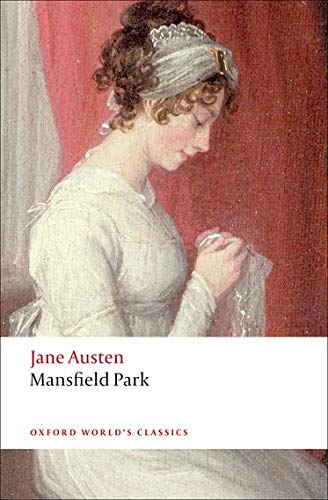 Painting of a woman in a white dress with the book title Mansfield Park below.