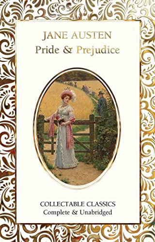 Book cover of Pride and Prejudice with a woman in a field inside an oval.