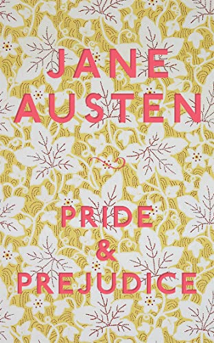 Yellow floral book cover with red text: "Jane Austen, Pride & Prejudice".