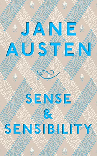 Book cover for "Sense and Sensibility" by Jane Austen, patterned beige and blue.