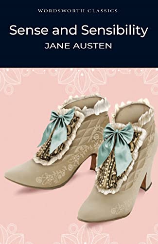 Book cover of "Sense and Sensibility" with a painting of antique shoes.