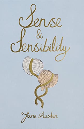 Light blue book cover with gold cursive text Sense and Sensibility, Jane Austen, two bonnets.