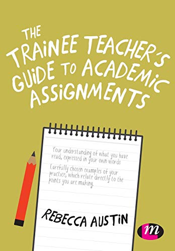 Book cover: "The Trainee Teacher's Guide to Academic Assignments" with notebook and pencil.