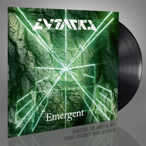 Green and white album cover with geometric lines, next to a vinyl record.
