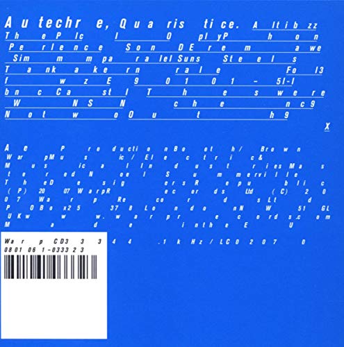 Blue CD case for Autechre’s “Quaristice” with barcode at bottom left.