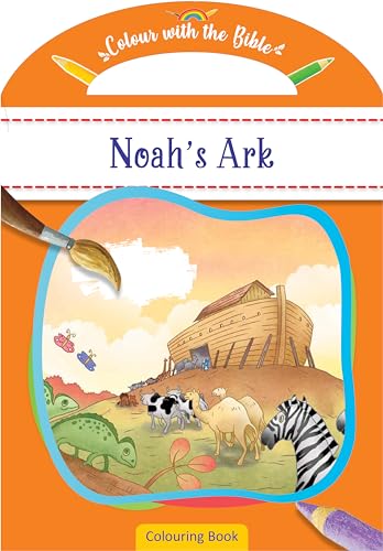Noah’s Ark colouring book cover with animals and a paintbrush.