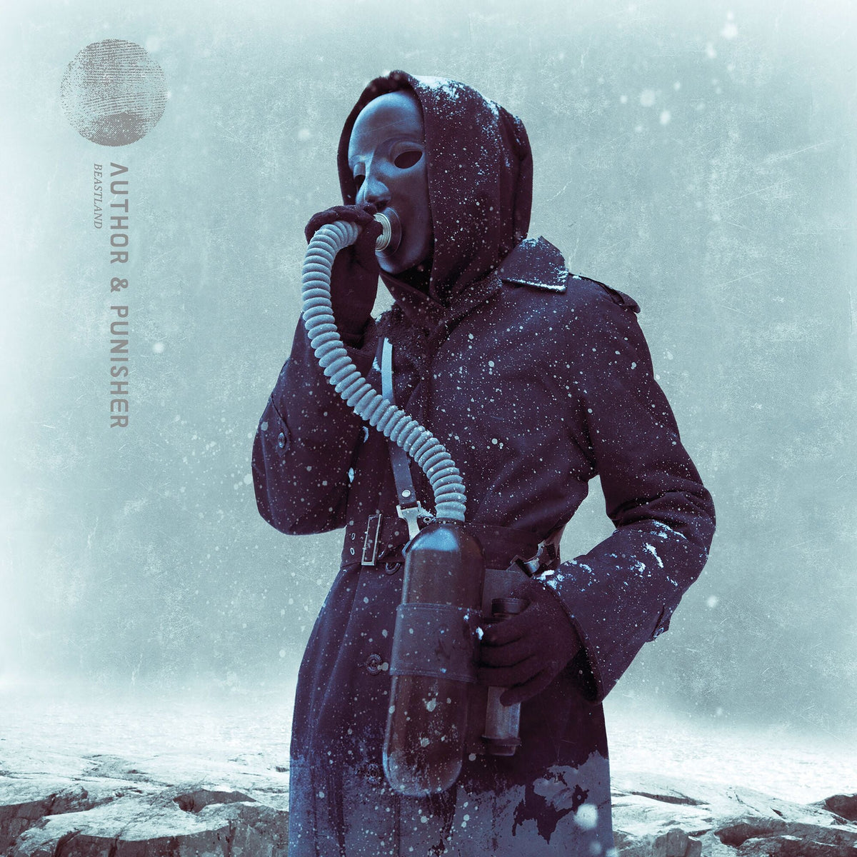 A hooded figure in a dark coat wears a mask with a breathing tube.