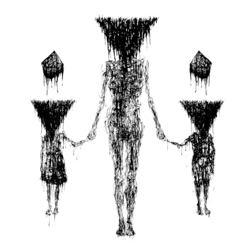 Black and white ink sketch of a tall figure holding hands with two children.