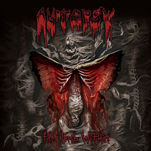 The image depicts a dark album cover with a central figure and red text.