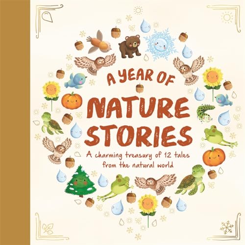 Book cover with illustrated animals, plants, and the title "A Year of Nature Stories".