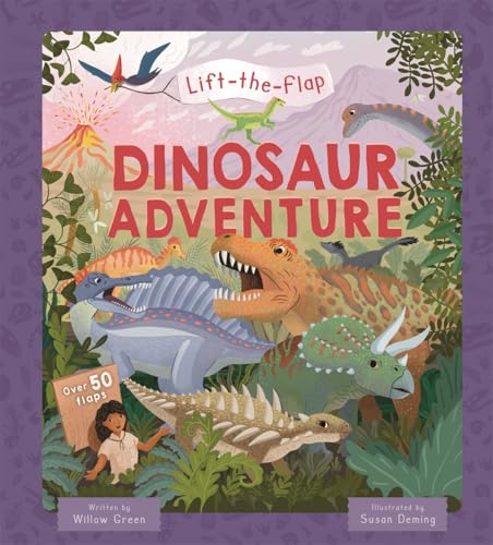 A children's book cover titled Dinosaur Adventure featuring various dinosaurs, a volcano, and foliage.
