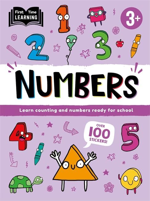 Colorful workbook cover with numbers, stickers, and cartoon illustrations.
