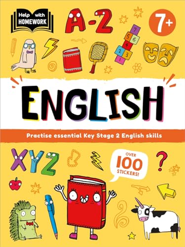 Help With Homework: English" book cover with illustrated letters and objects.