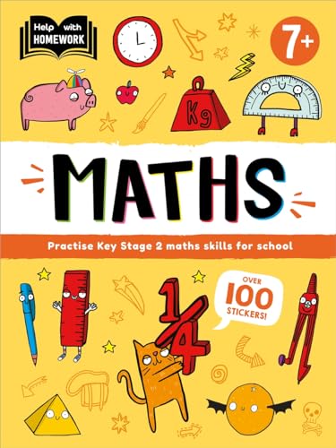 Bright yellow homework book cover with "MATHS" text and illustrated objects.