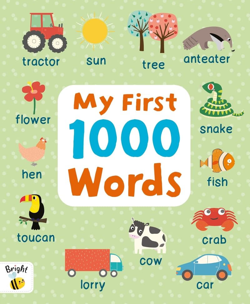 Children’s book cover, “My First 1000 Words,” with illustrated animals and objects.