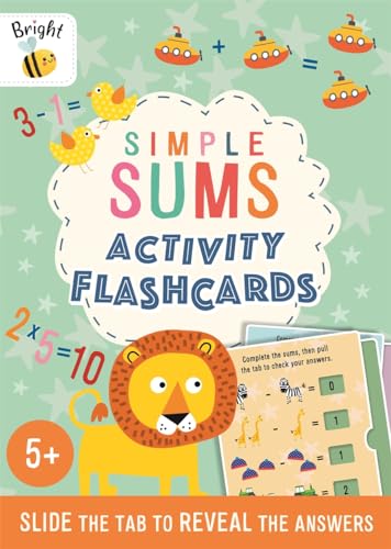 Brightly colored flashcards with animal illustrations and simple math equations.