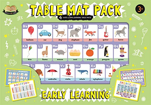 Educational table mats displaying alphabet, numbers, and simple illustrations.