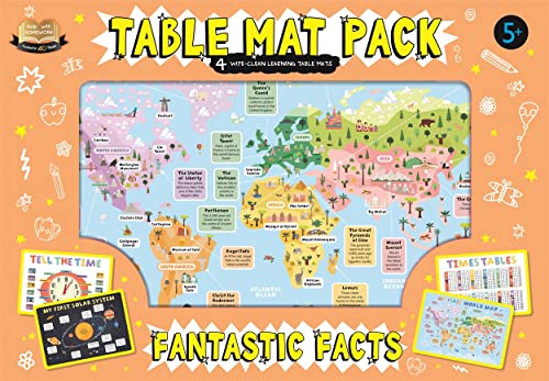 A pack of four educational table mats featuring a world map and learning facts.