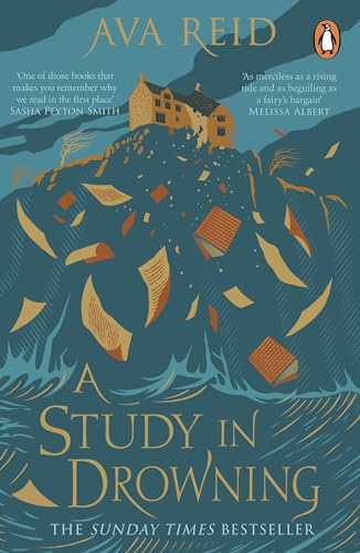 Book cover: house on a hill surrounded by swirling blue waves and paper.