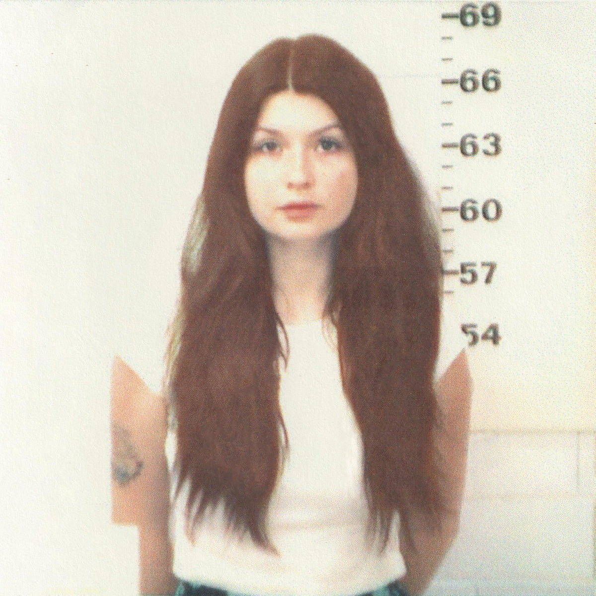 Mugshot of a young woman with long brown hair, looking at the camera.