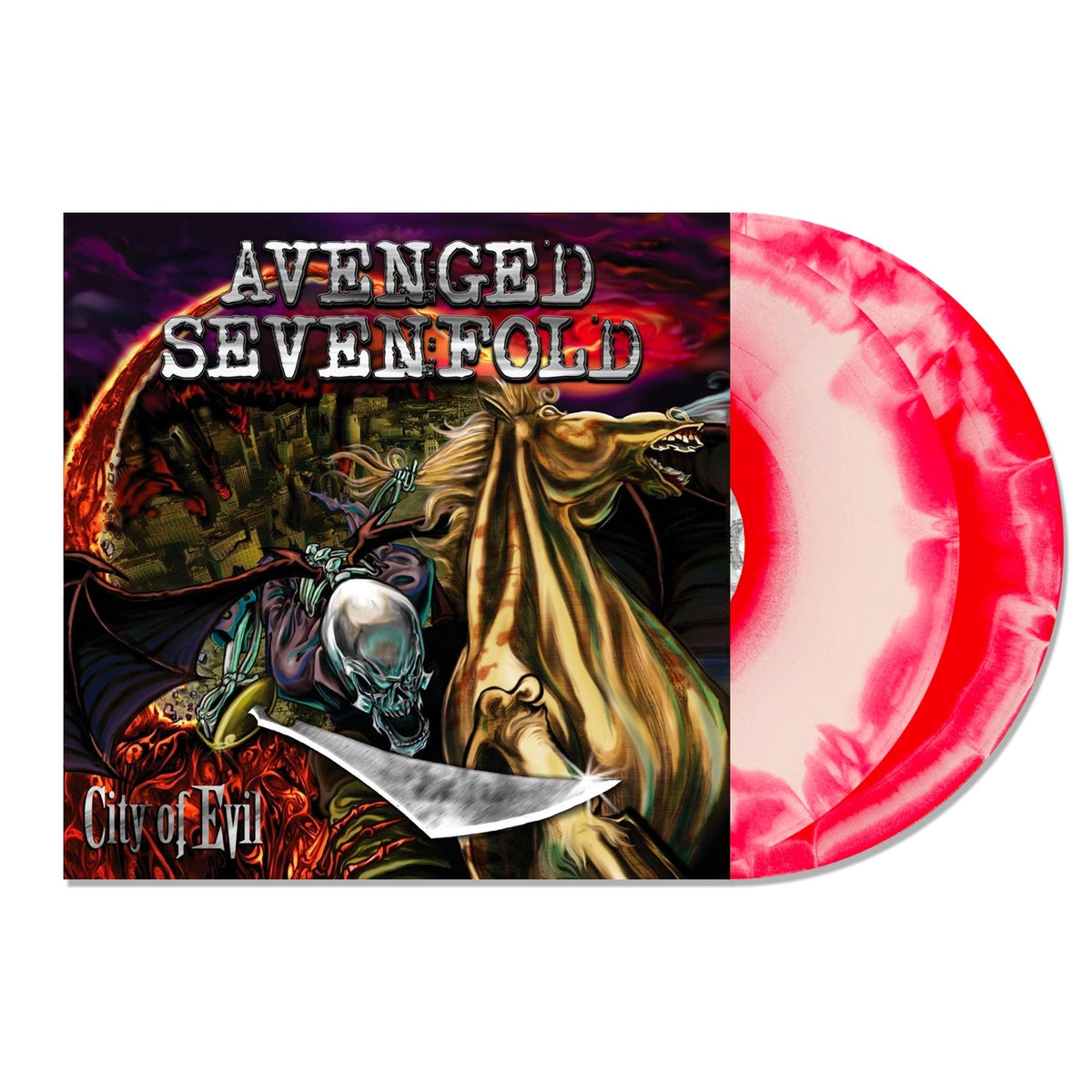 Avenged Sevenfold City of Evil vinyl record with red and white marbled discs.