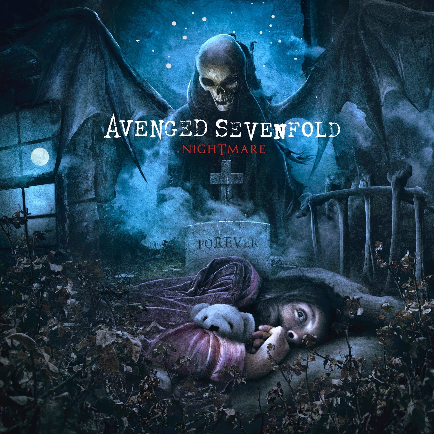 Album cover featuring a winged skeleton looming over a child sleeping on a grave.