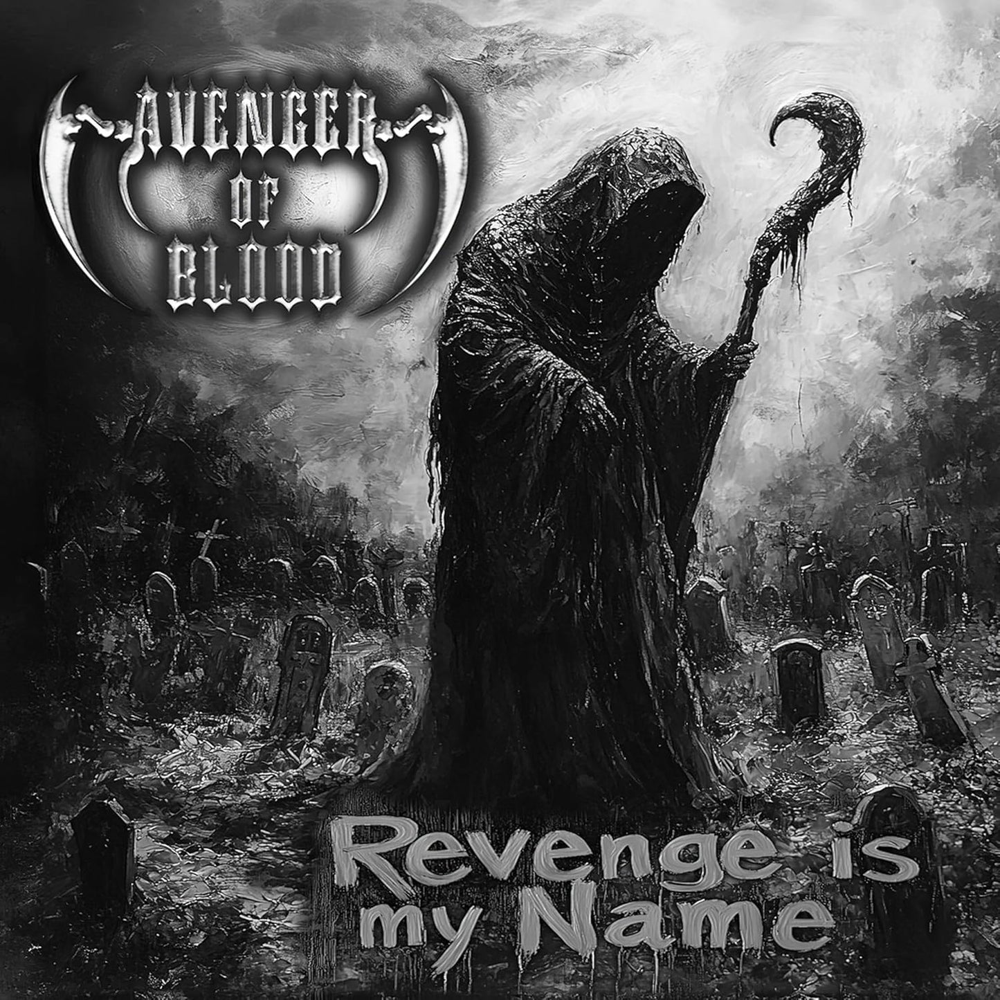CD cover: Grim Reaper figure in a graveyard, dark and dramatic painting.