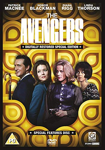 DVD cover for The Avengers featuring four cast members against a yellow retro pattern.