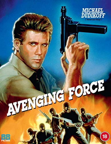 Blu-ray cover for "Avenging Force" featuring a man with a gun.