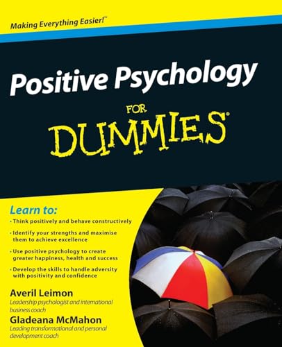 Book cover: "Positive Psychology For Dummies" with umbrellas and text.