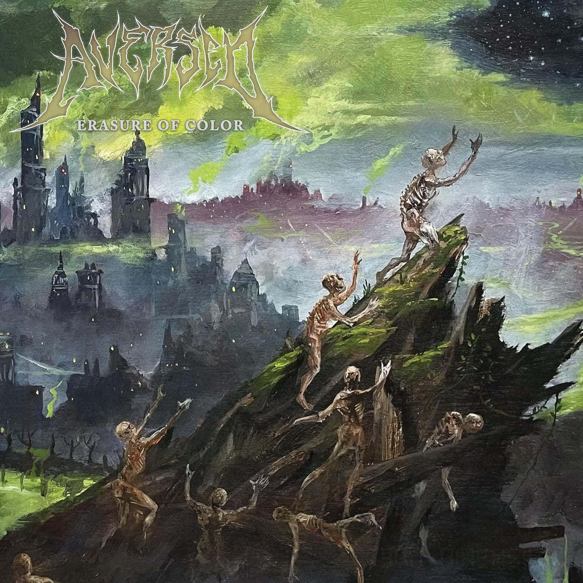CD cover art: skeletal figures amidst a decaying, fantastical cityscape.