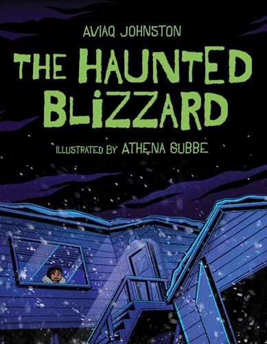 Book cover: “The Haunted Blizzard” with a house in a snowstorm.