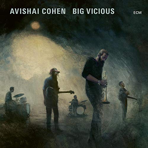 "Vinyl album cover featuring a dark, misty scene with four musicians playing instruments."