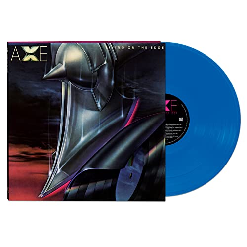 Blue vinyl record of Axe’s “Living On The Edge” with knight imagery.