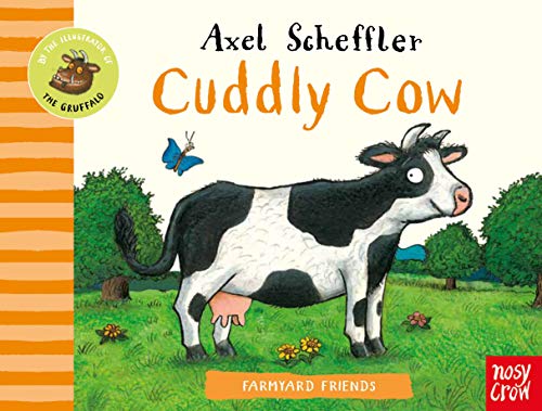 Black and white spotted cow illustration from the children’s book “Cuddly Cow”.