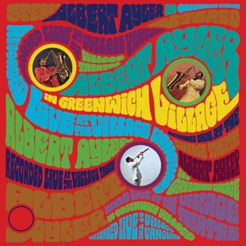 Psychedelic album cover for Albert Ayler’s “In Greenwich Village” with musician portraits.