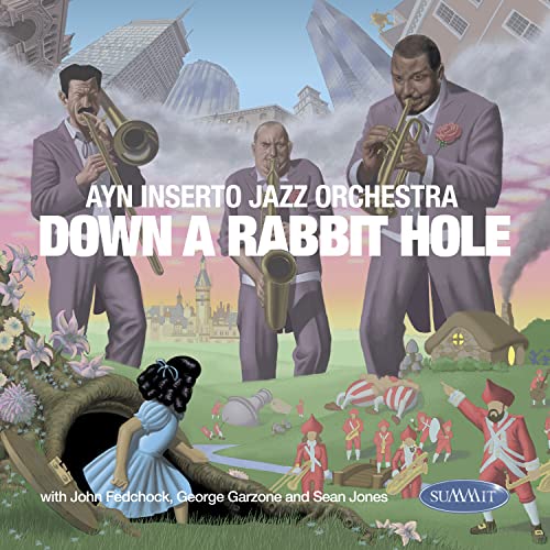 CD cover: jazz musicians, a girl falling down a rabbit hole.