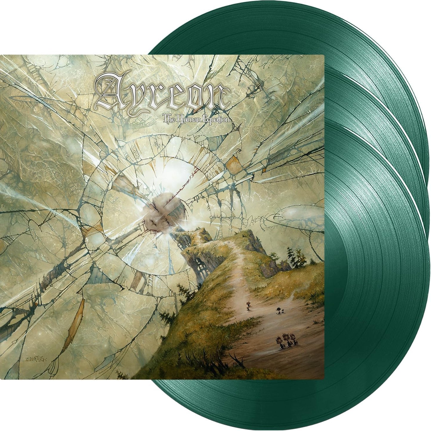 Ayreon The Human Equation album cover with two green vinyl records behind it.