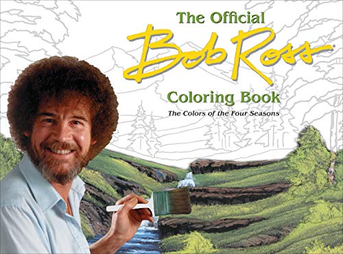 Bob Ross coloring book cover with his portrait and landscape scene.