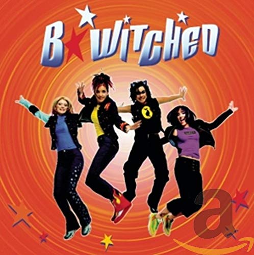 Four members of the band B*Witched jumping against an orange background with stars.