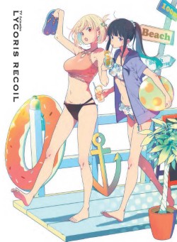 Two anime girls at the beach with summer accessories.