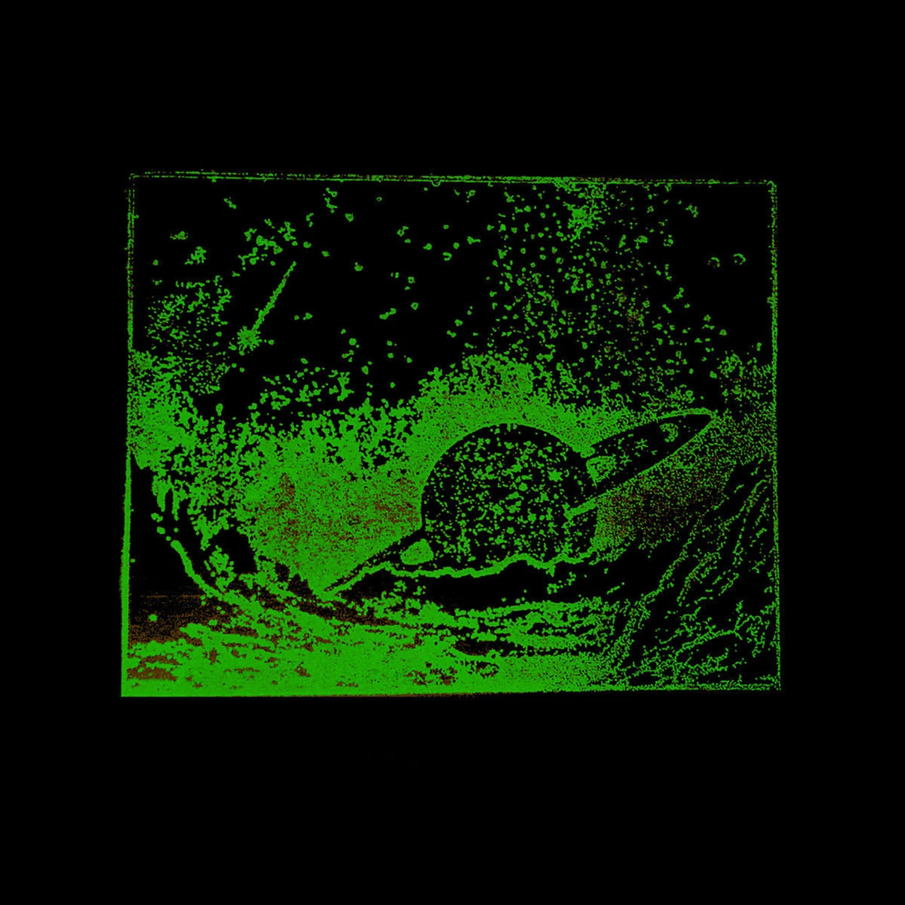 Green, grainy image of a planet with rings emerging from water.