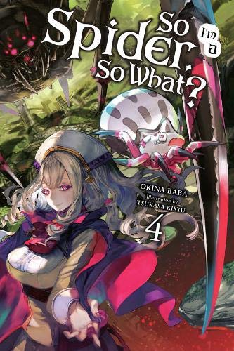 Anime-style illustration of a blonde girl and a small spider monster in a forest.