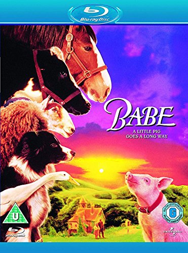 Blu-ray cover for the movie Babe featuring a pig and farm animals at sunset.