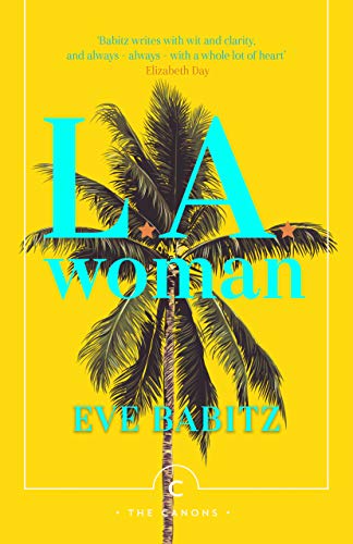 Book cover with a palm tree on a yellow background and cyan text.