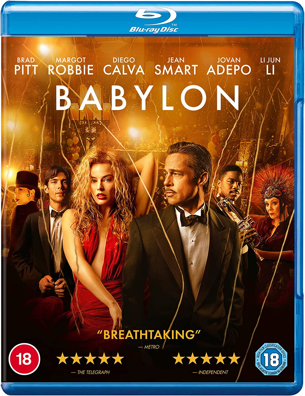 BABYLON Blu-ray cover featuring Brad Pitt, Margot Robbie, and party scene.