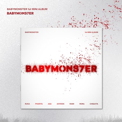 Babymonster album cover: white background with red splatter and bold text.